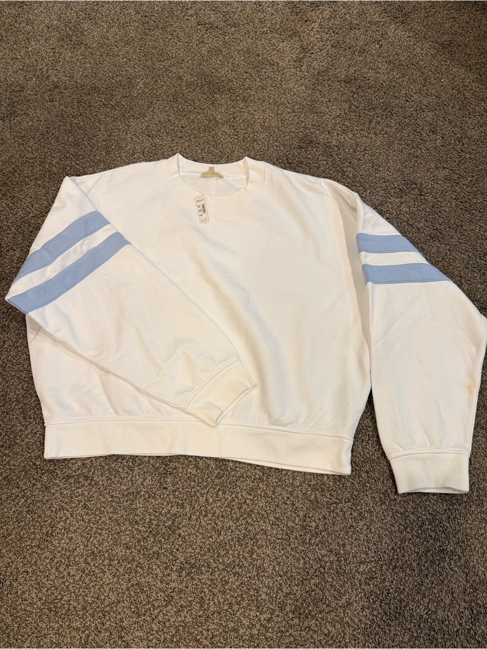 Madewell White Crewneck Sweater with Light Blue Sleeve Stripes